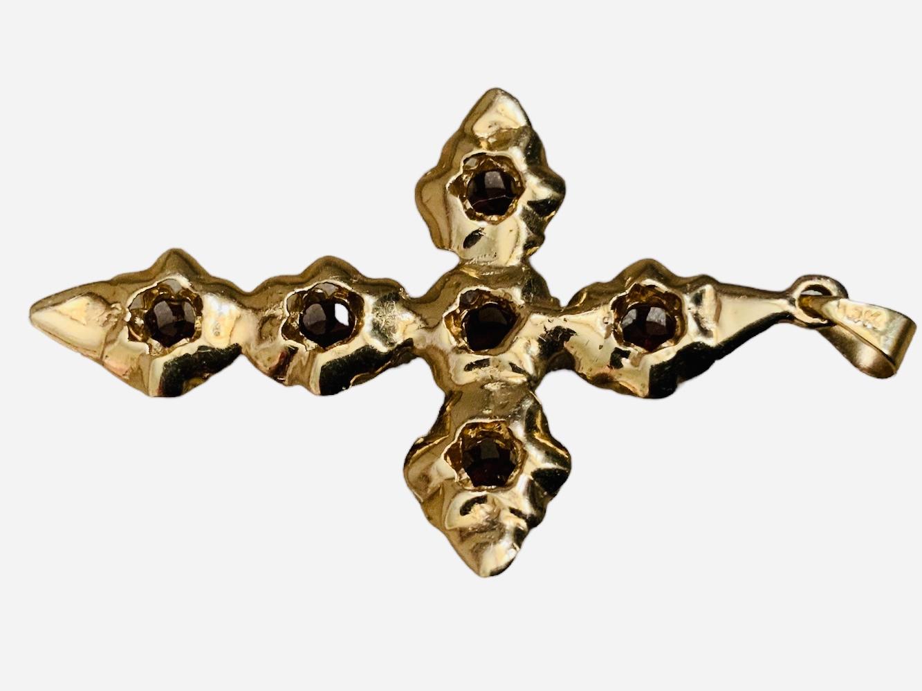 14K Gold Garnet Roses Flower Cross Pendant  2