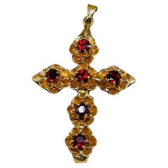 Antique 14K Gold Garnet Roses Flower Cross Pendant 