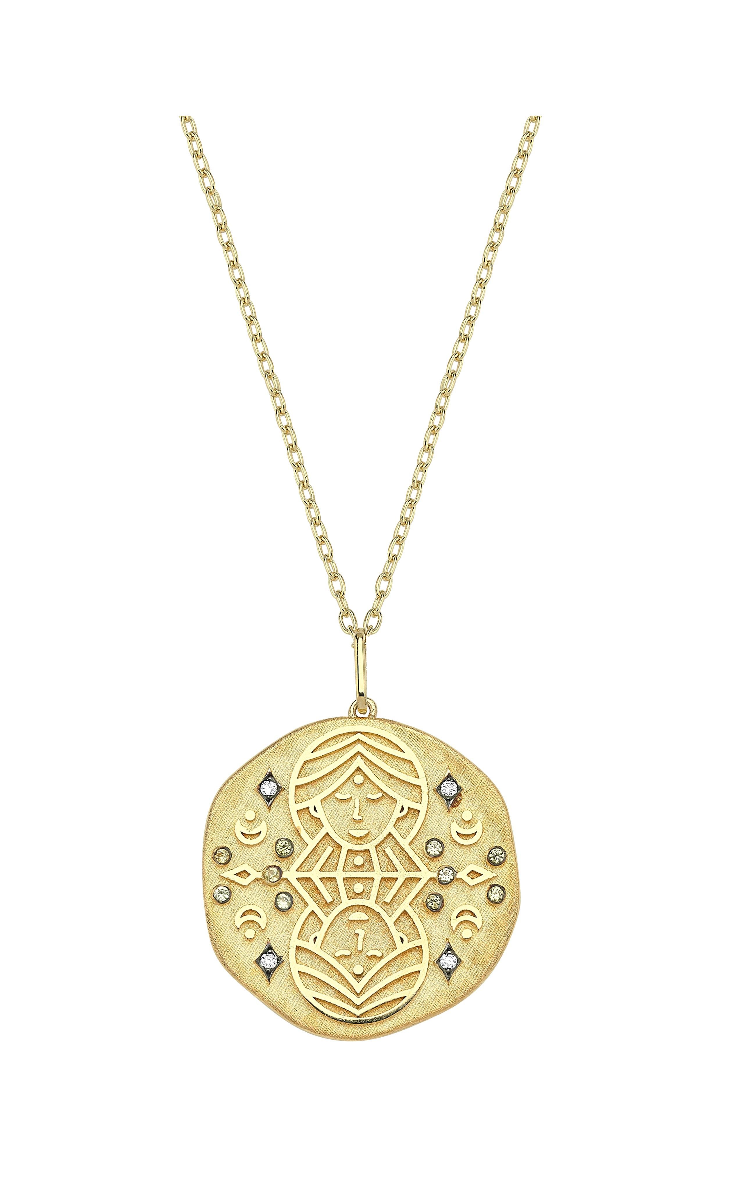 Moderno Collana Zodiac con medaglione Gemini in oro 14k, diamante da 0,04 carati e citrino da 0,08 carati in vendita