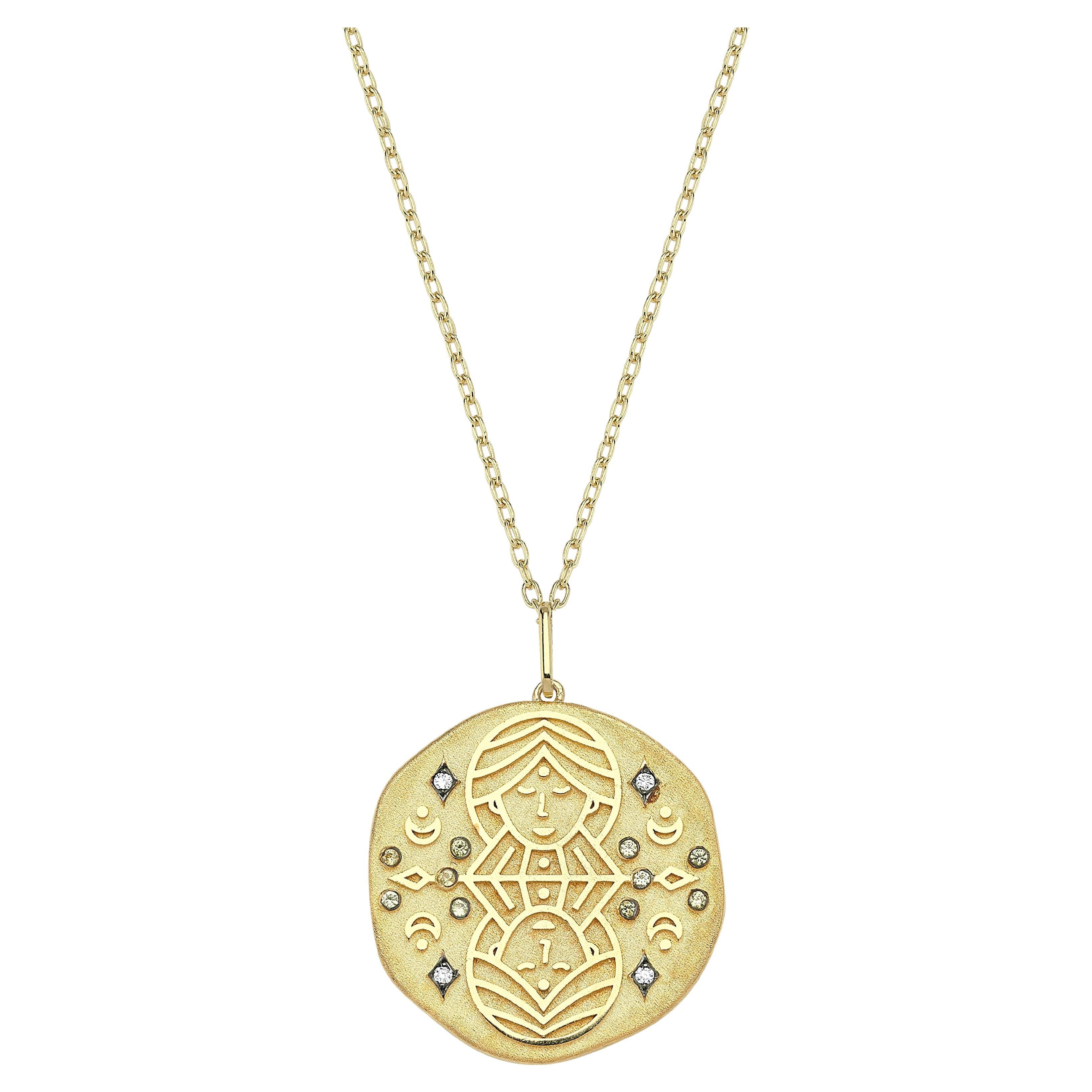 Collana Zodiac con medaglione Gemini in oro 14k, diamante da 0,04 carati e citrino da 0,08 carati