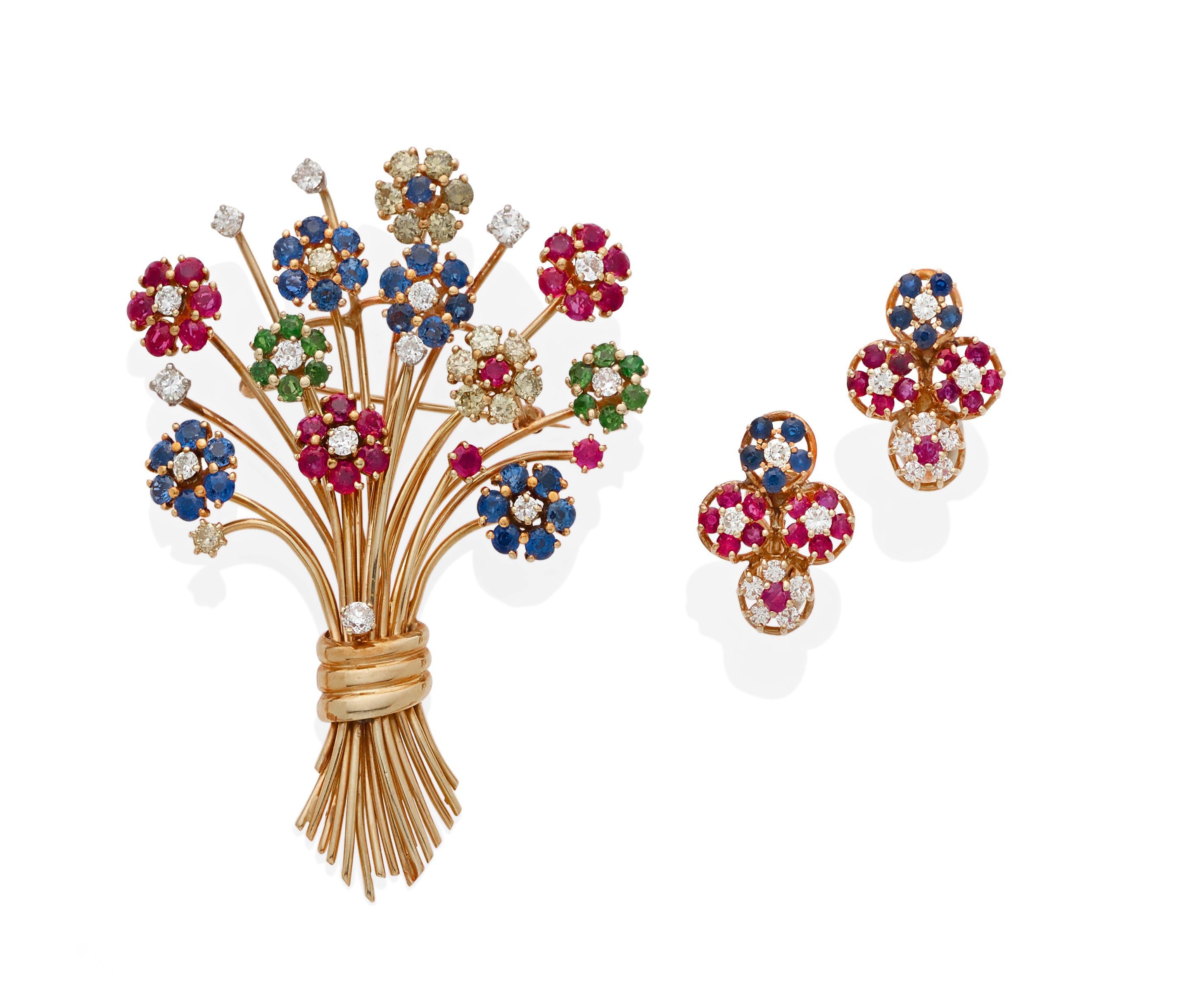 Women's or Men's 14k Gold & Gemstone Flower Bouquet Brooch & Clip-on Earrings w/ 3.42ct Diamonds For Sale