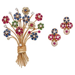 Broche y Pendientes de Oro de 14k y Piedras Preciosas Ramo de Flores con Diamantes de 3,42 ct
