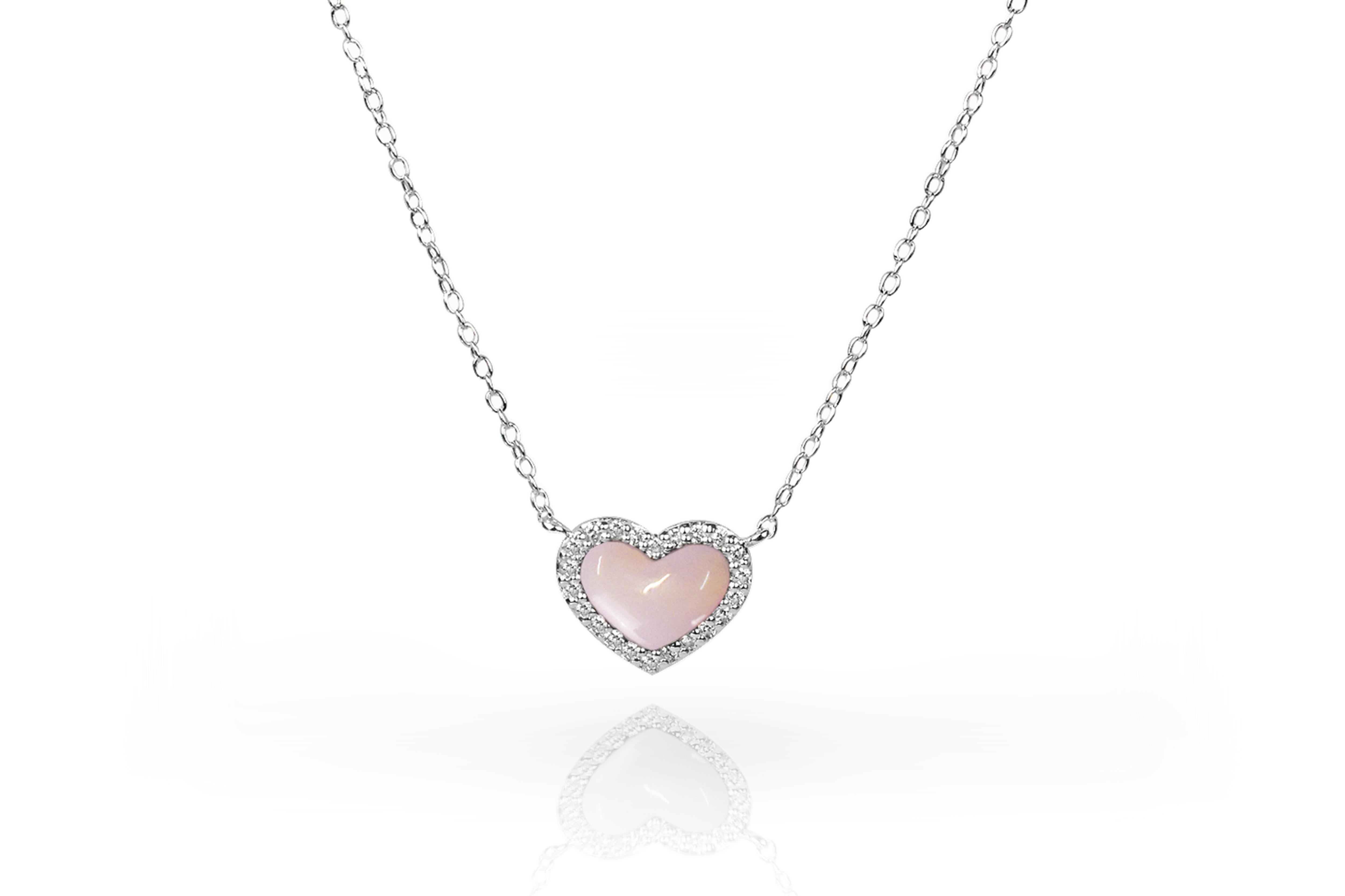 Gemstone Heart Necklace 8.78 mm. x 11.08 mm. is made of 14k solid gold available in three colors of gold and four options of gemstone.
Gold: White Gold / Rose Gold / Yellow Gold.
Gemstone: Abalone / Tahitian Black MOP / White MOP / Pink