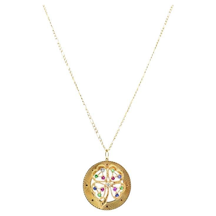 Or 14K  Collier à pendentif trèfle en pierres précieuses en vente