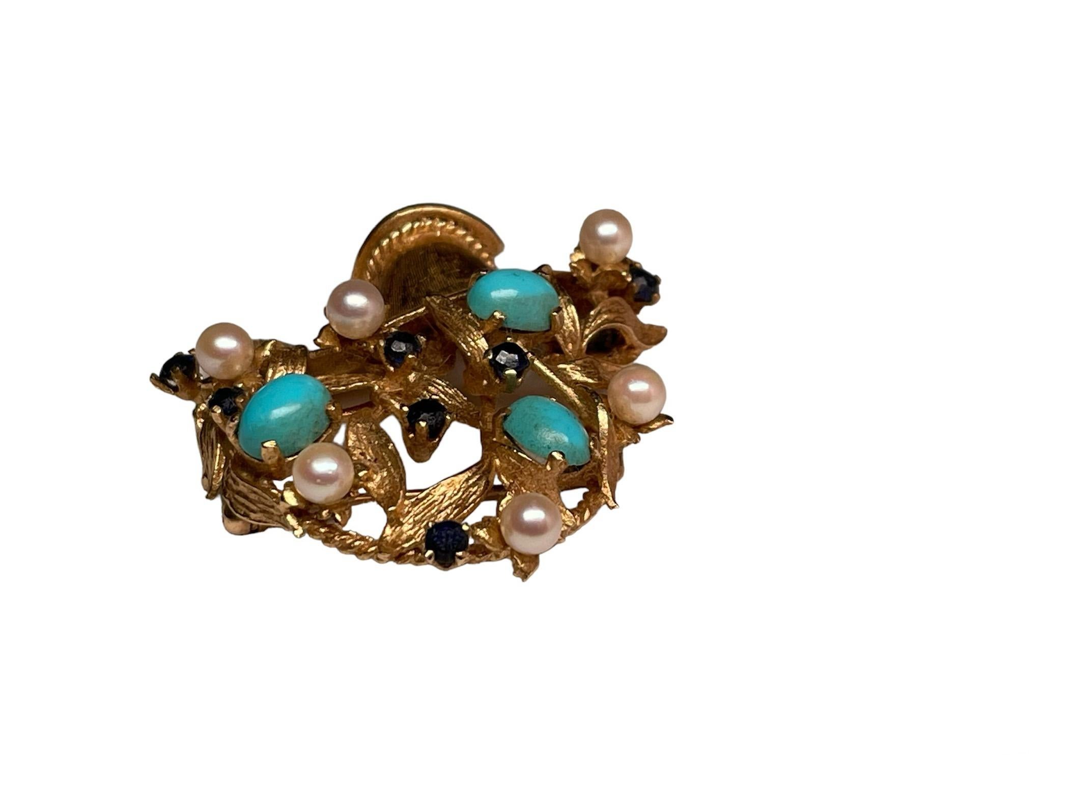 14K Gold Gemstones Flower’s Basket Brooch For Sale 5