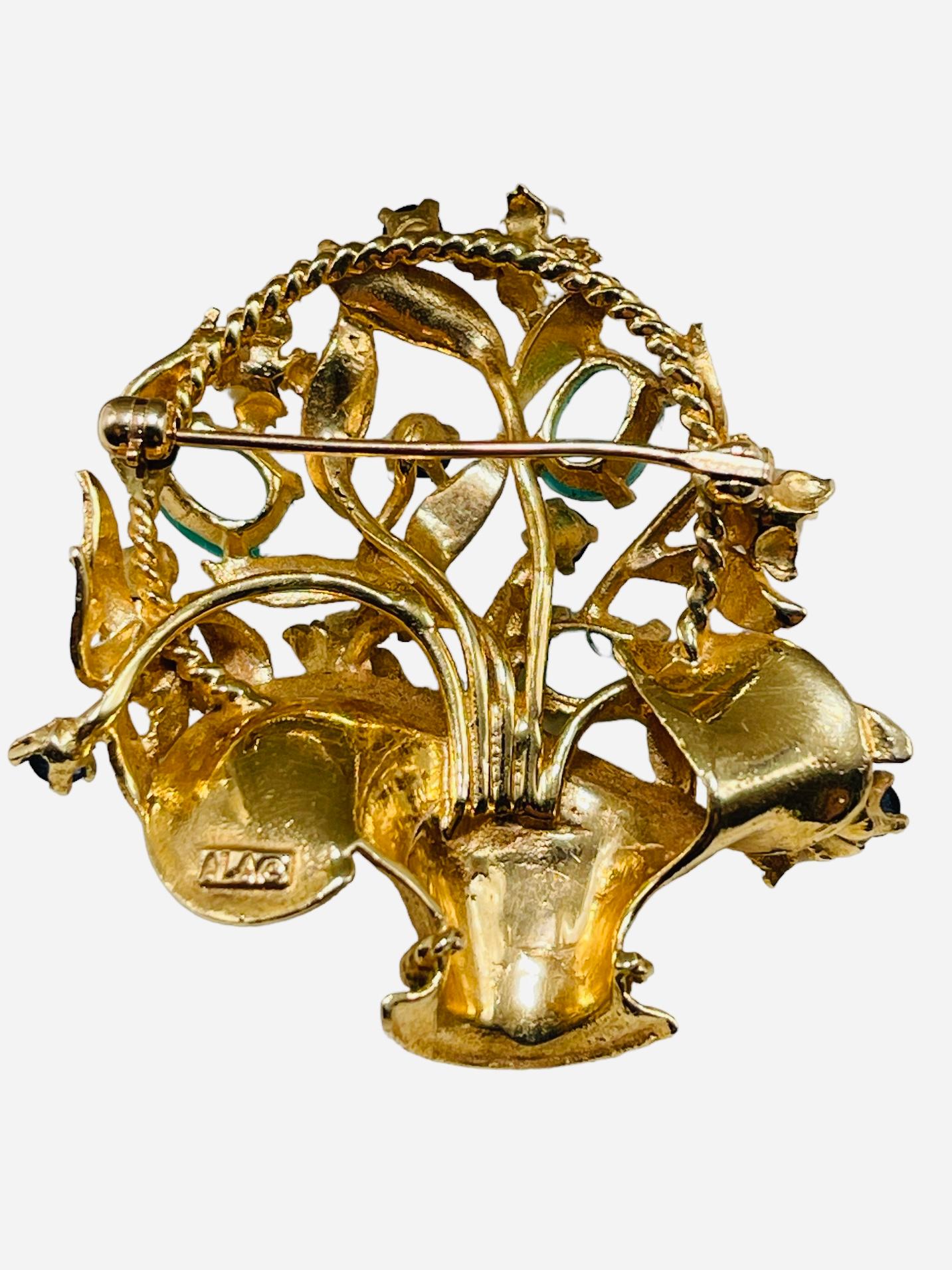 Modern 14K Gold Gemstones Flower’s Basket Brooch For Sale