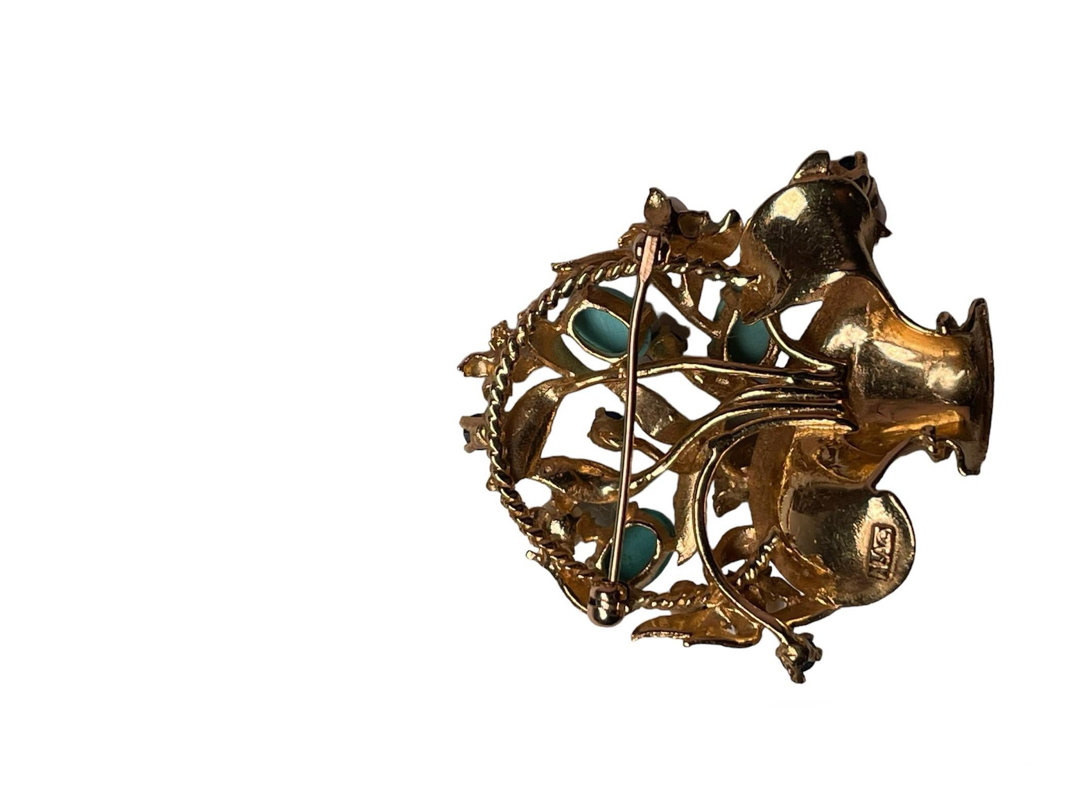 14K Gold Gemstones Flower’s Basket Brooch For Sale 3