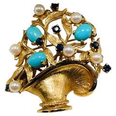 Vintage 14K Gold Gemstones Flower’s Basket Brooch