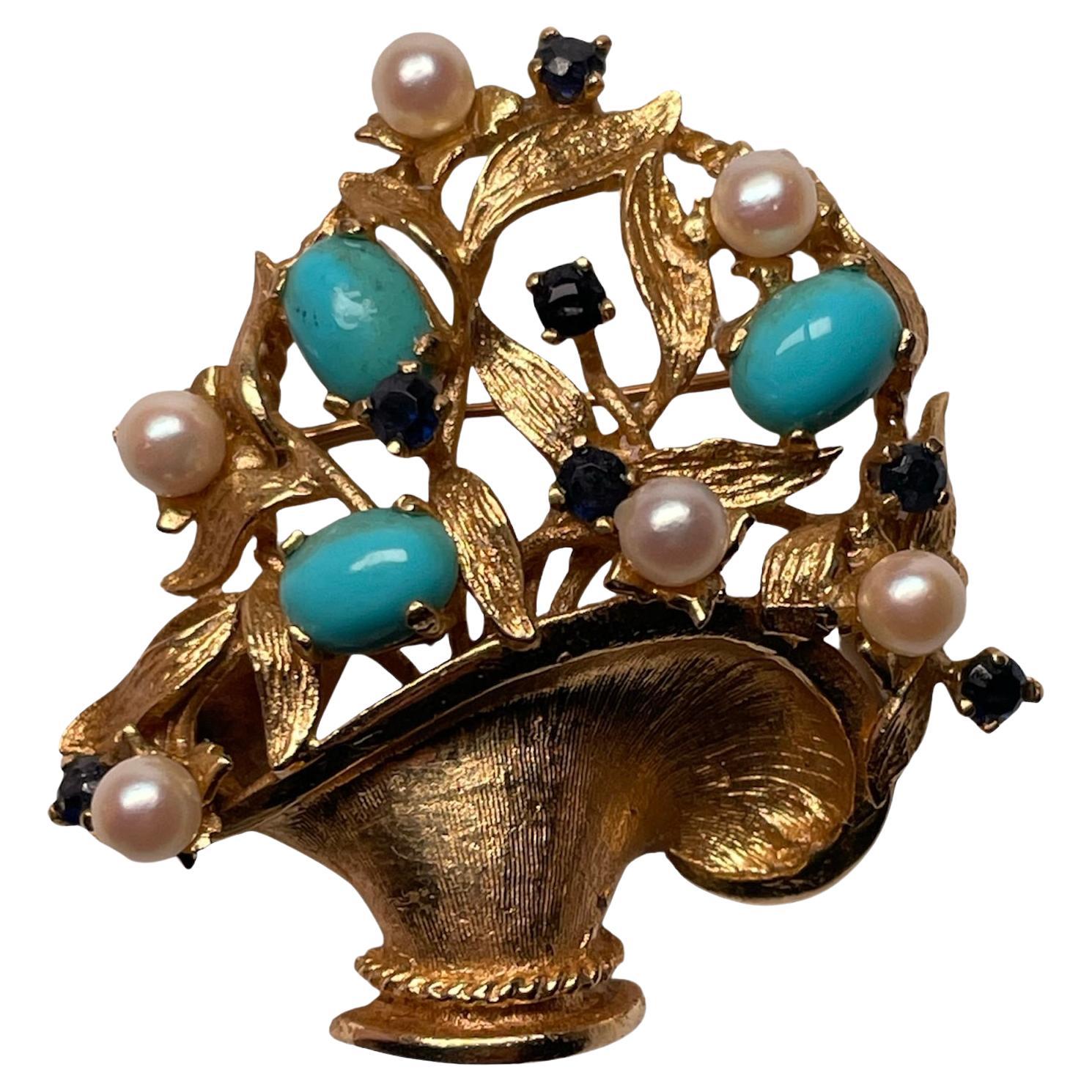14K Gold Gemstones Flower’s Basket Brooch For Sale