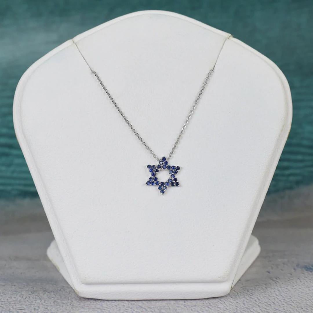 14k Gold Genuine Blue Sapphire Necklace Star of David Charm Necklace In New Condition For Sale In Bangkok, TH