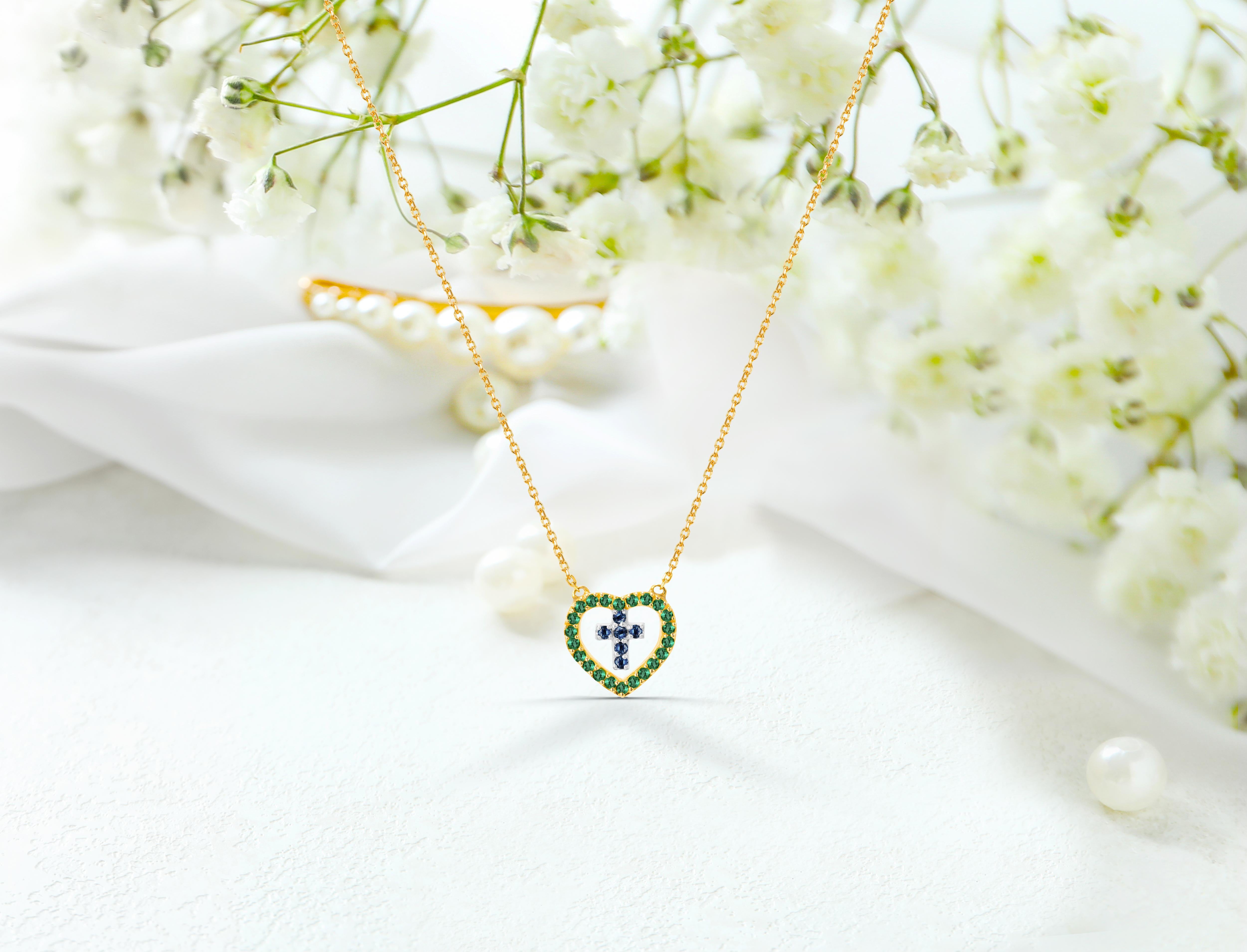 14k Gold Genuine Emerald and Blue Sapphire Necklace Cross in Heart Necklace For Sale 2