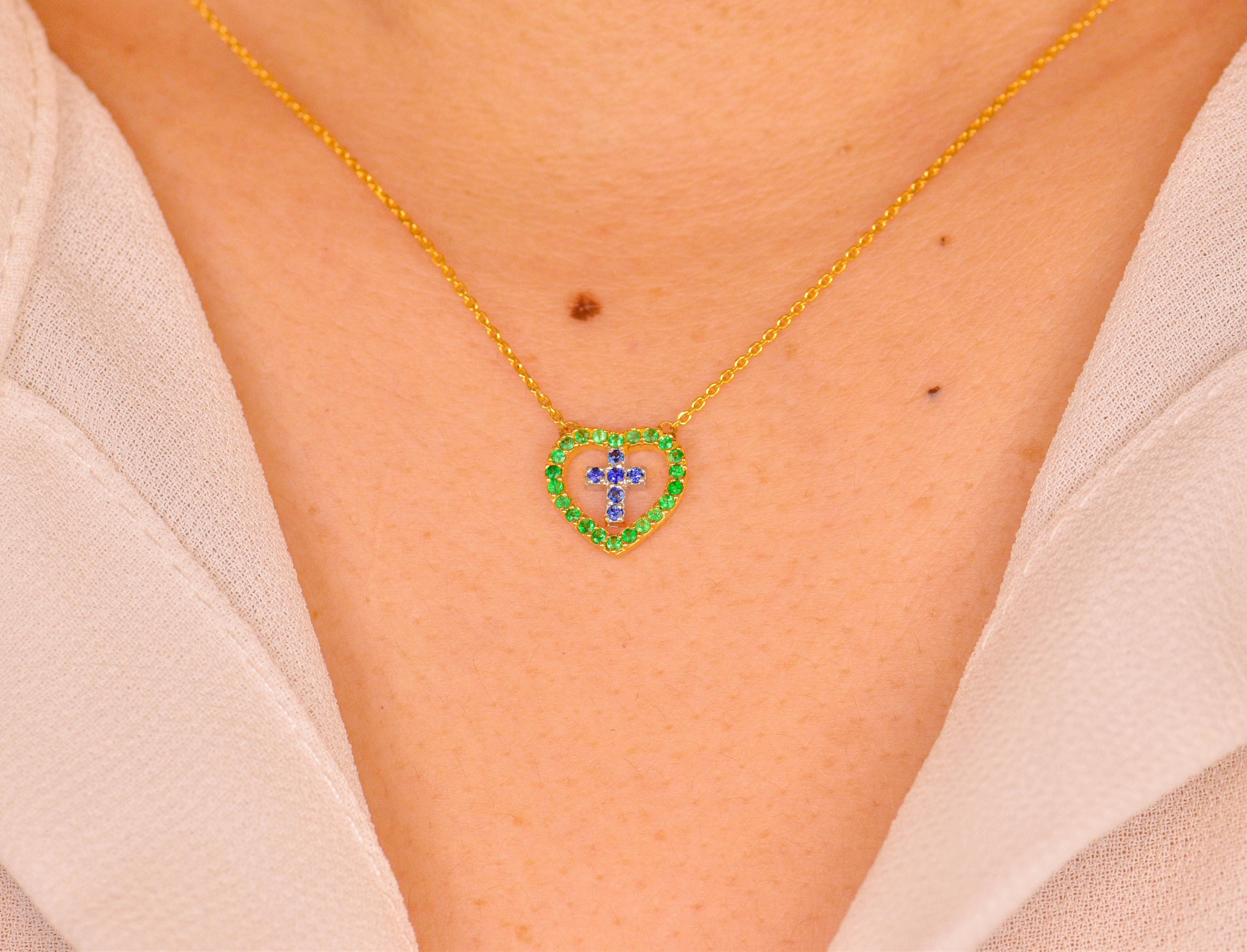 14k Gold Genuine Emerald and Blue Sapphire Necklace Cross in Heart Necklace For Sale 4