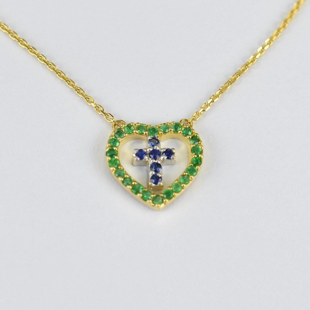 Modern 14k Gold Genuine Emerald and Blue Sapphire Necklace Cross in Heart Necklace For Sale