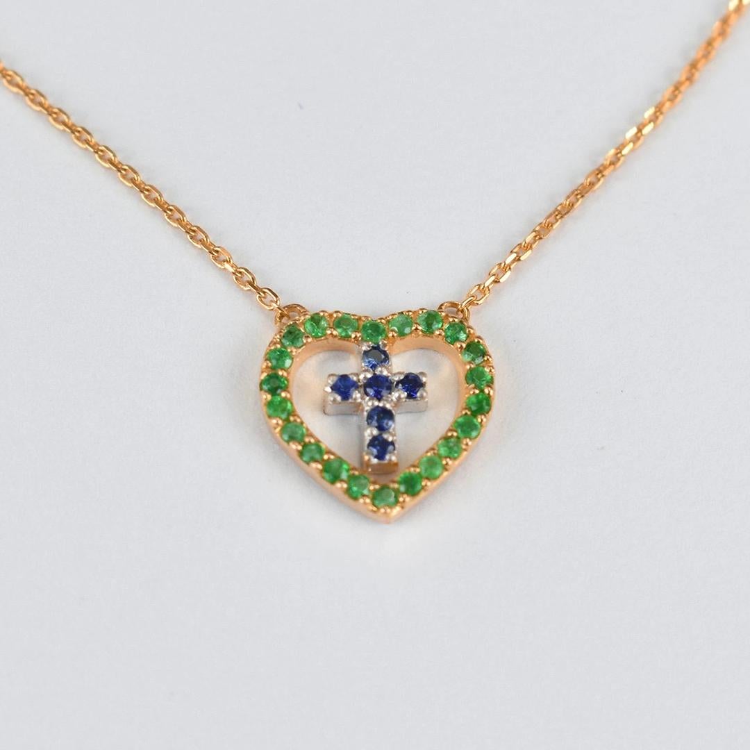 Round Cut 14k Gold Genuine Emerald and Blue Sapphire Necklace Cross in Heart Necklace For Sale