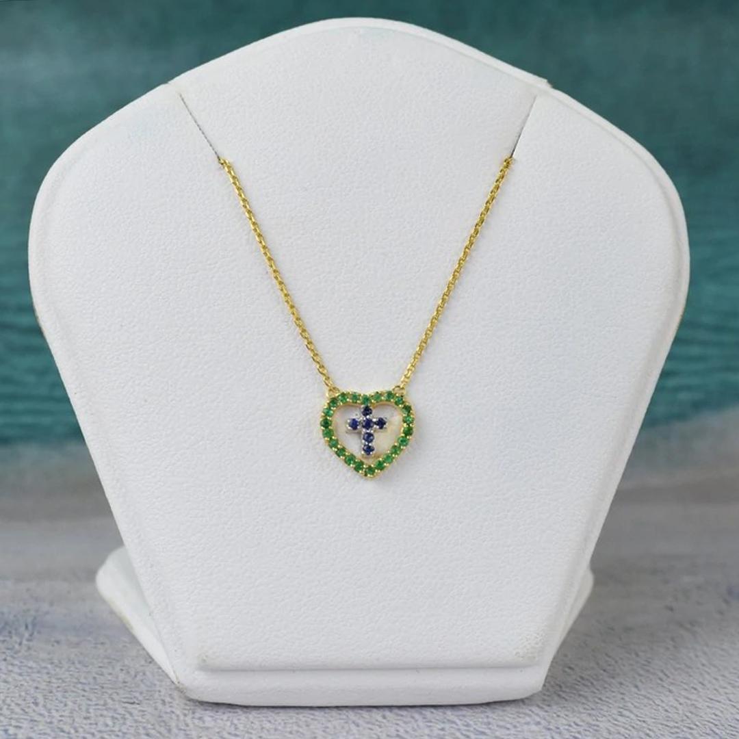 14k Gold Genuine Emerald and Blue Sapphire Necklace Cross in Heart Necklace In New Condition For Sale In Bangkok, TH