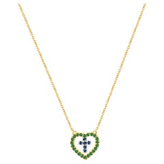 14k Gold Genuine Emerald and Blue Sapphire Necklace Cross in Heart Necklace