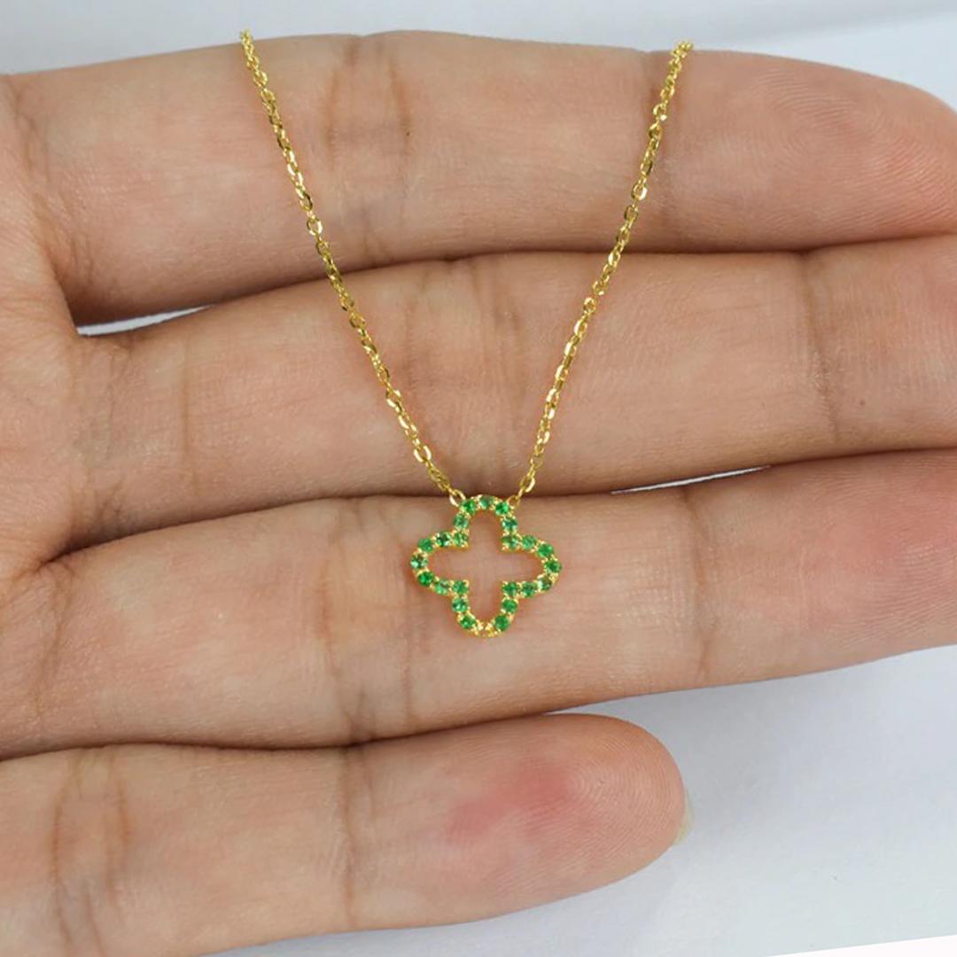 Genuine Emerald Clover Necklace is made of 14k solid gold available in three colors, White Gold / Rose Gold / Yellow Gold.

Beautiful little minimalist necklace is adorned with natural AAA quality Emerald. Perfect for wearing by itself for a minimal