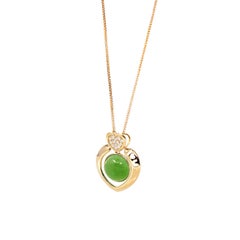 14K Gold Genuine Green Apple Green Jade Love Pendant Necklace with VS1 Diamond