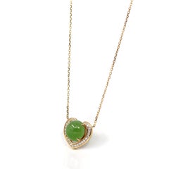14K Gold Genuine Green Apple Green Jade Love Pendant Necklace with VS1 Diamond