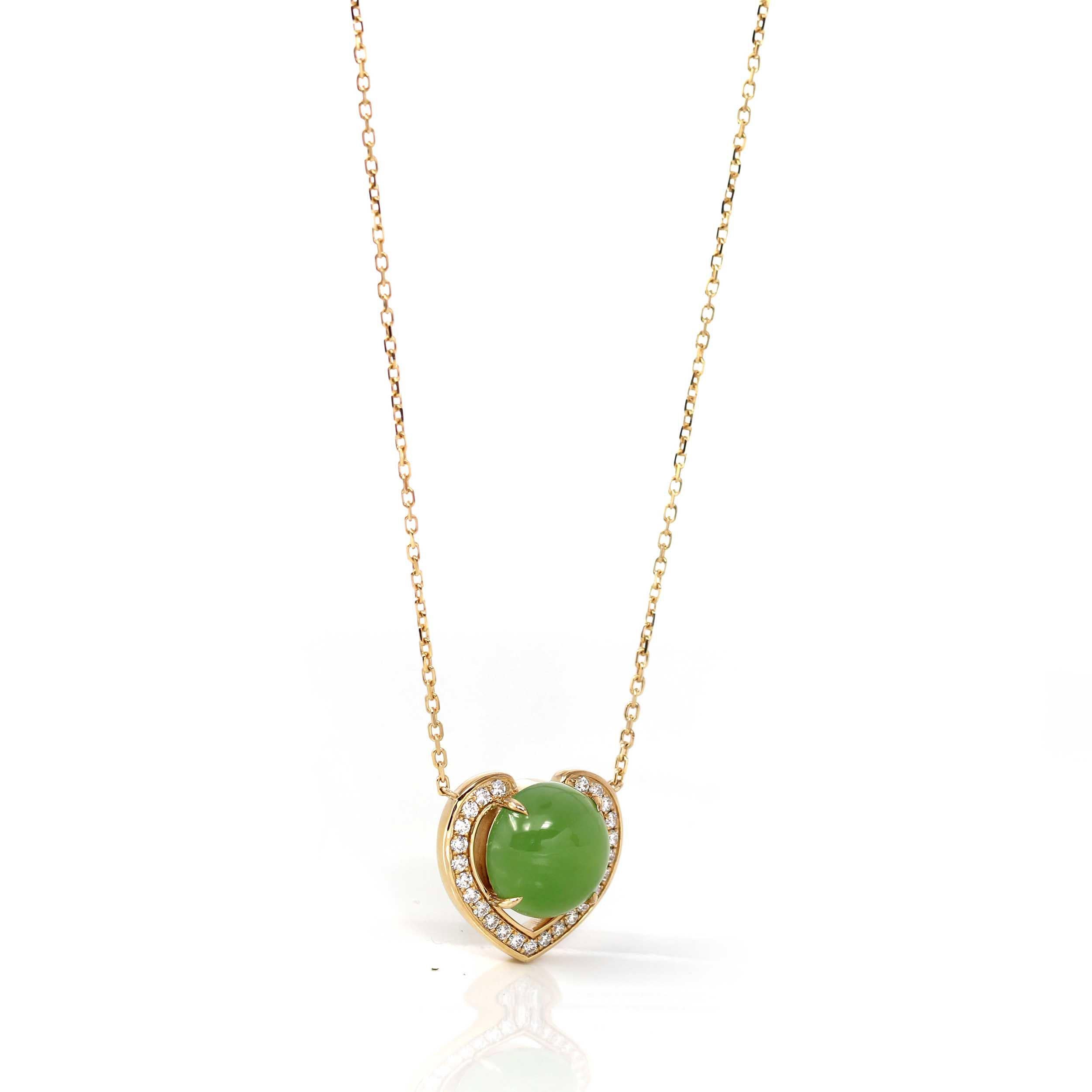 Artist 14K Gold Genuine Green Apple Green Jade Love Pendant Necklace with VS1 Diamond For Sale