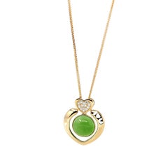 14K Gold Genuine Green Apple Green Jade Love Pendant Necklace with VS1 Diamond