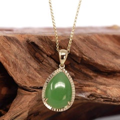14k Gold Genuine Green Apple Jade Tear Drop Diamond Cut Pendant Necklace