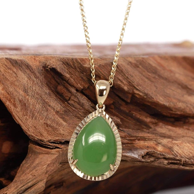 14k Gold Genuine Green Apple Jade Tear Drop Diamond Cut Pendant Necklace  For Sale at 1stDibs
