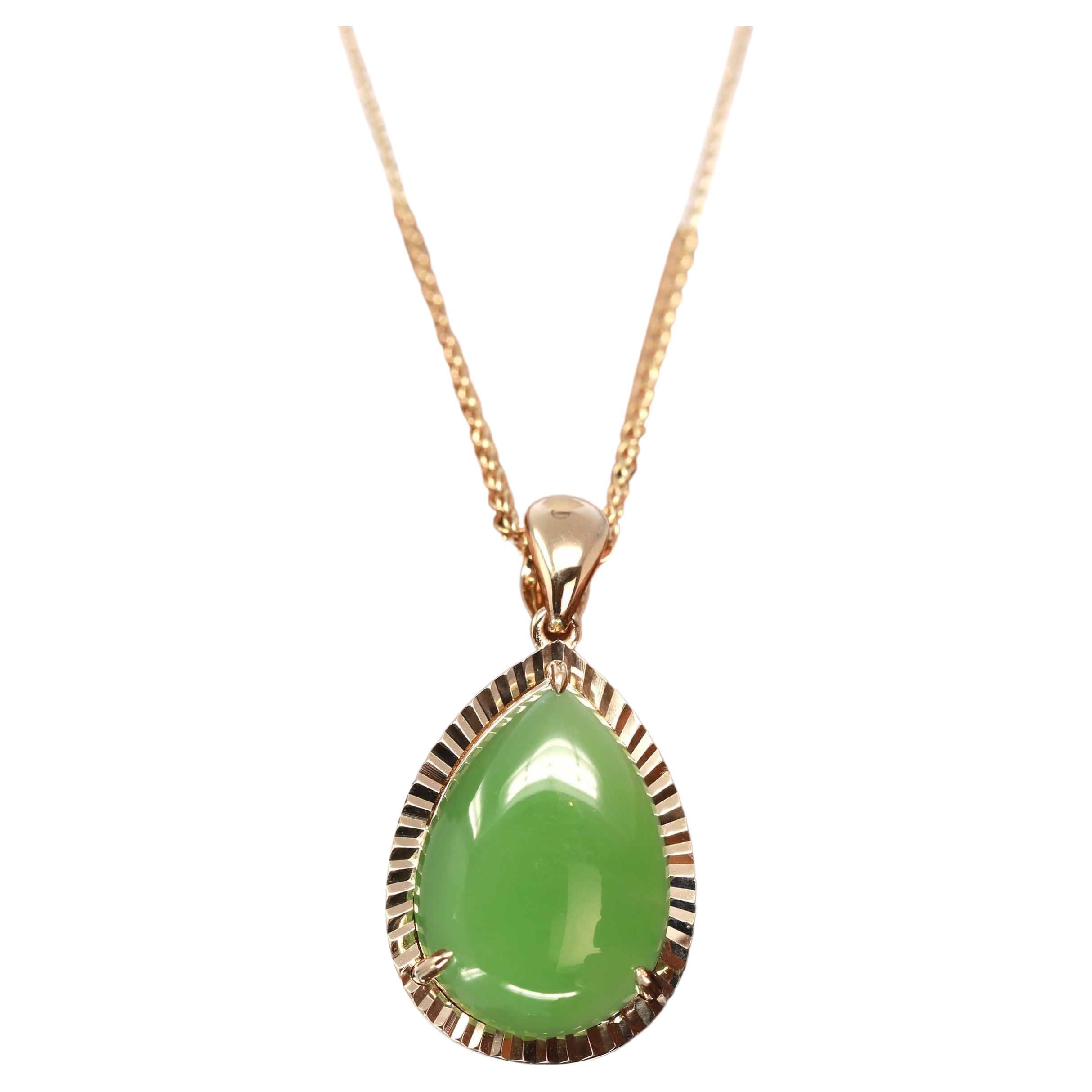 14k Gold Genuine Green Apple Jade Tear Drop Diamond Cut Pendant Necklace