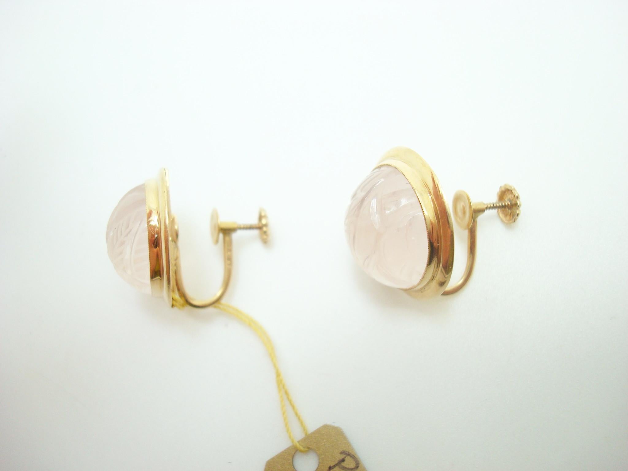 Women's 14k Gold Genuine Natural Rose Quartz Bracelet and Earring Set '#J2470' For Sale