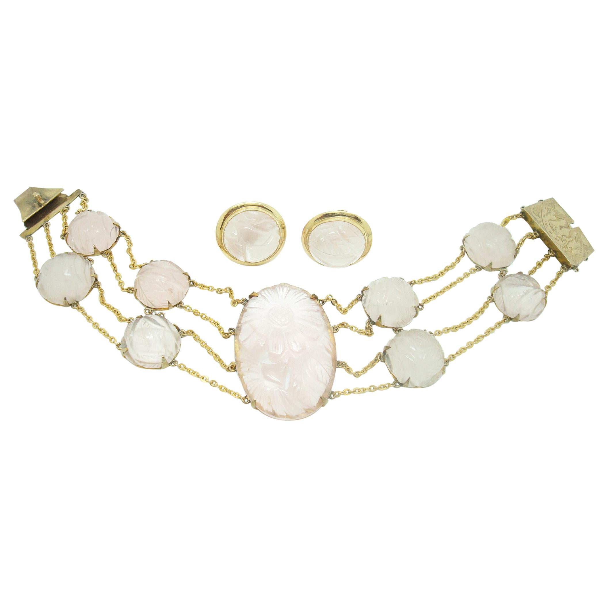 Ensemble bracelet et boucles d'oreilles en or 14 carats avec quartz rose naturel véritable '#J2470' en vente