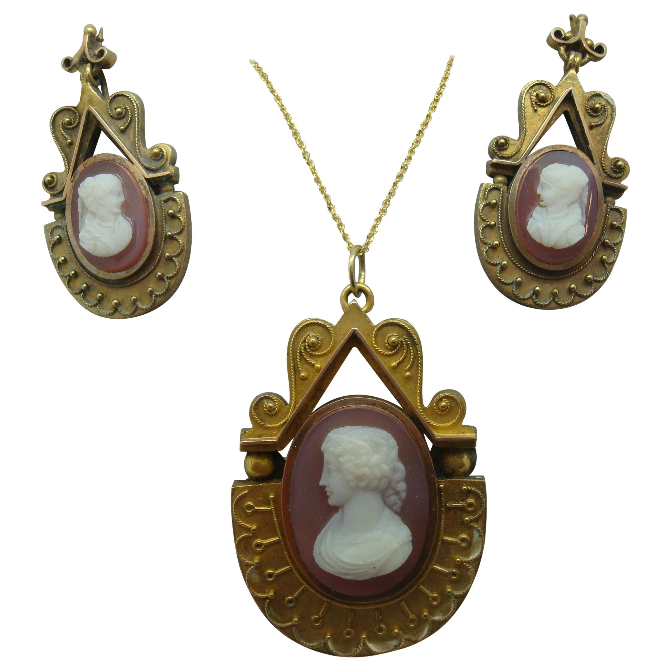 14k Gold Genuine Natural Stone Cameo Pendant and Earrings Set '#1040'