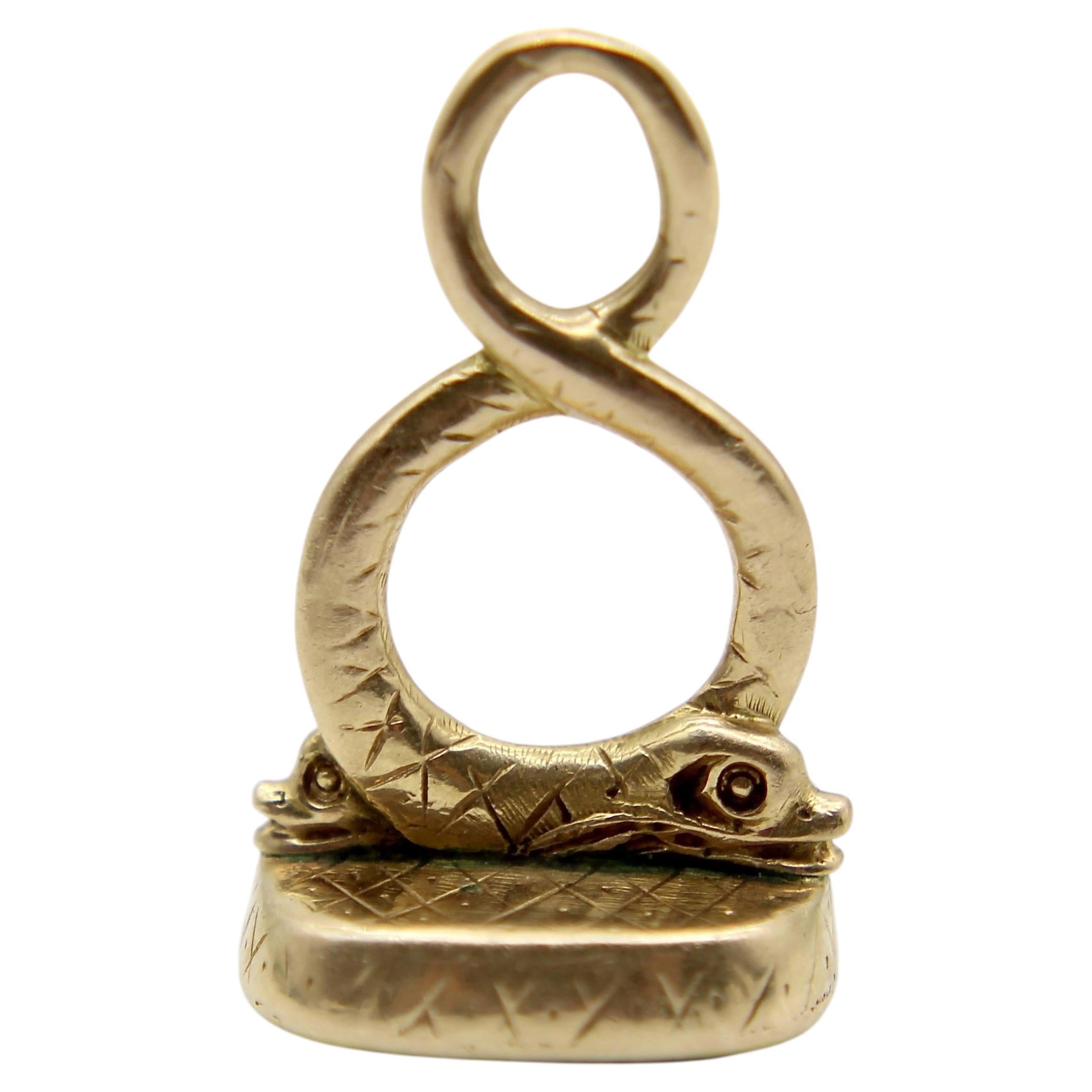 14K Gold Georgian Double Dolphin Fob with Bloodstone Cartouche
