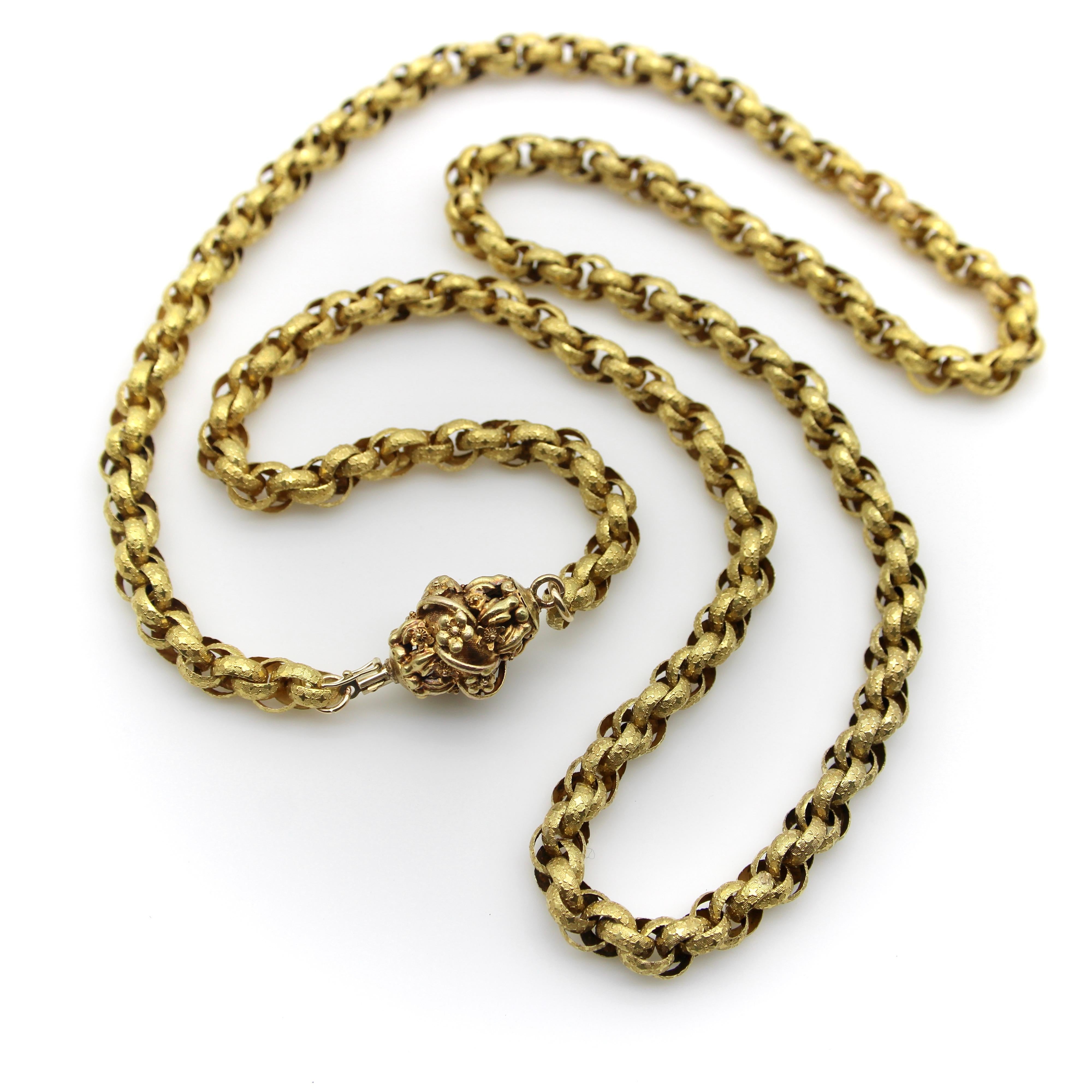 14K Gold Georgian Muff Kette mit geblümten Barrel Verschluss im Zustand „Gut“ im Angebot in Venice, CA