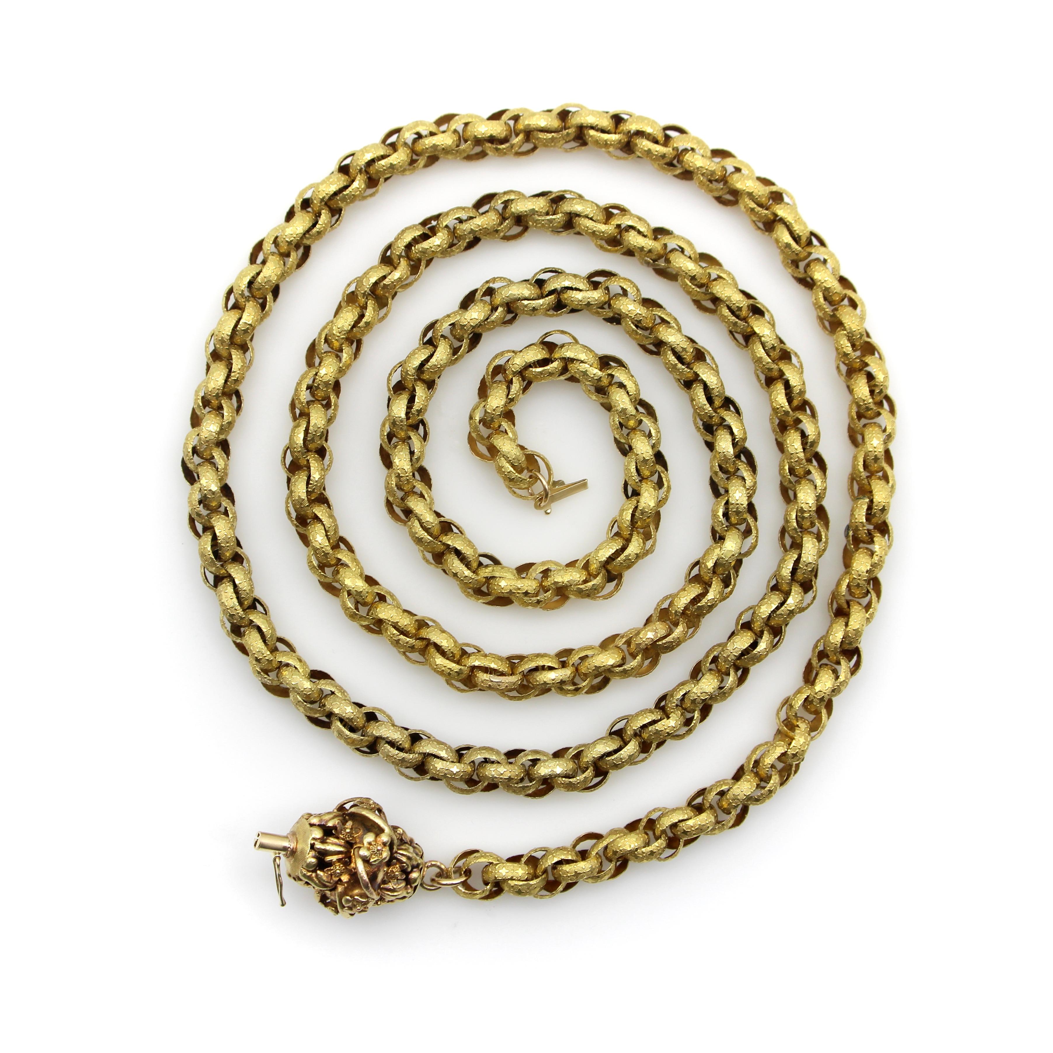 14K Gold Georgian Muff Kette mit geblümten Barrel Verschluss für Damen oder Herren im Angebot