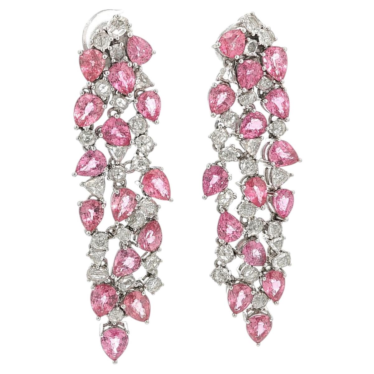 14-karätige Gold-Ohrringe im Kandelaber-Stil mit Wasserfall-Design, besetzt mit rosa Saphiren in Birnenform (GIA, 11,40 Karat insgesamt) und Diamanten