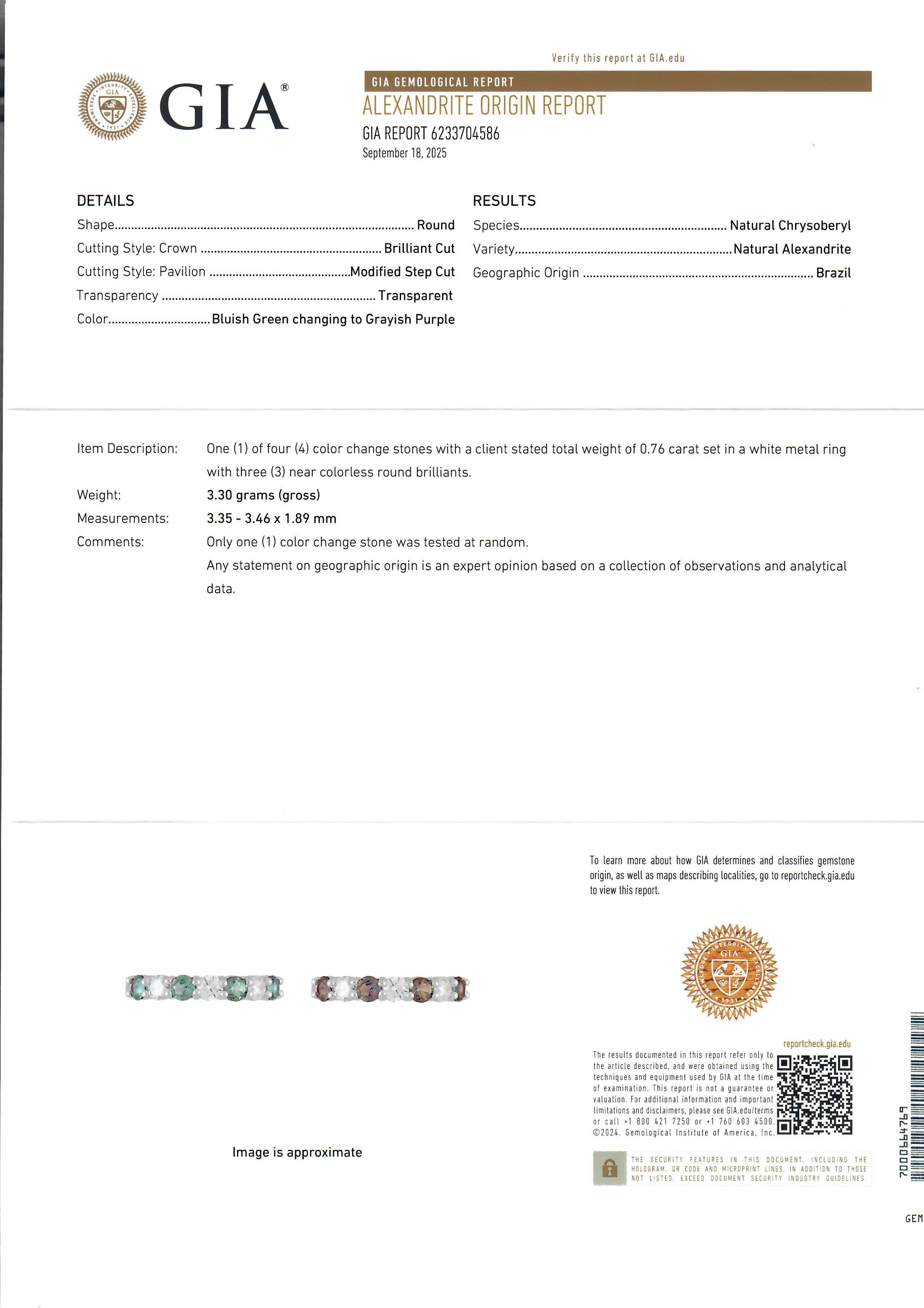 --Pietre: --
(4) Crisoberillo alessandrite naturale autentico - taglio rotondo a brillante - incastonato - colore verde-bluastro che vira al viola grigiastro - Brasile - 0,76ct (esatto)
** Vedere i dettagli della certificazione qui sotto per