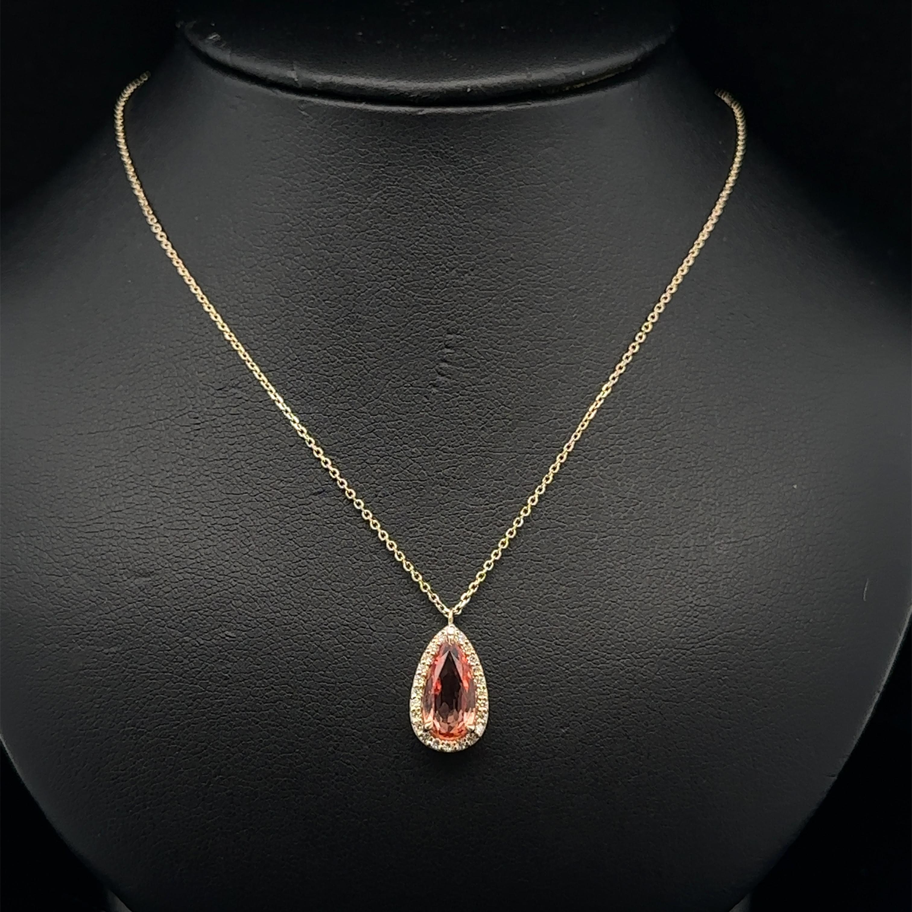 14k Gold GIA 1.9ctw Imperial Precious Orange Topaz Diamond Teardrop Pendant For Sale 5