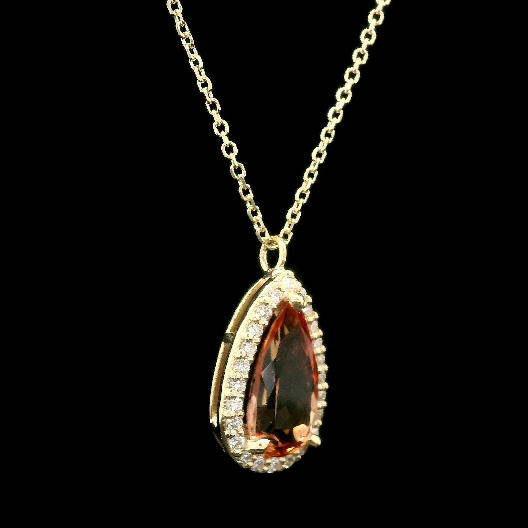 Women's 14k Gold GIA 1.9ctw Imperial Precious Orange Topaz Diamond Teardrop Pendant For Sale
