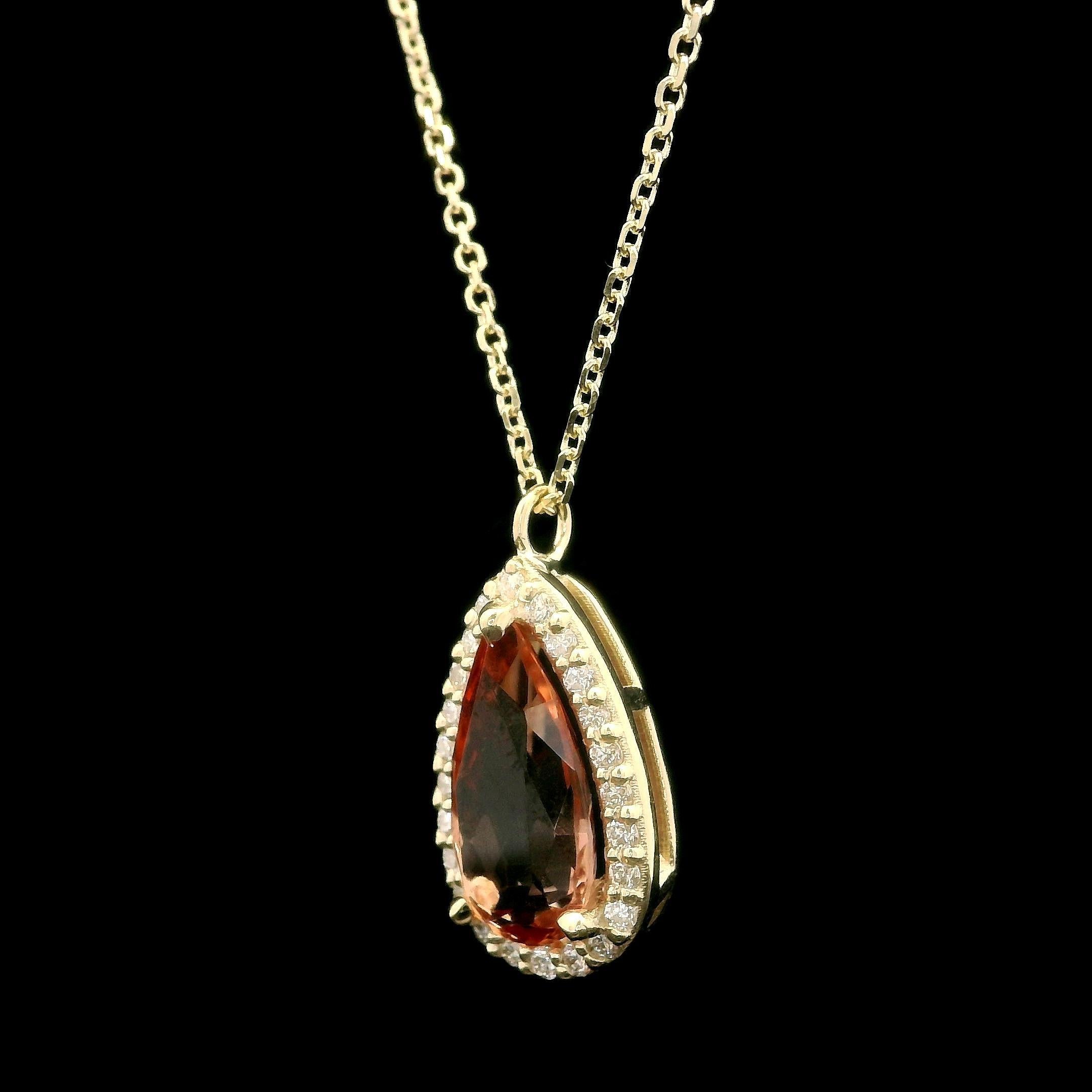 14k Gold GIA 1.9ctw Imperial Precious Orange Topaz Diamond Teardrop Pendant For Sale 1