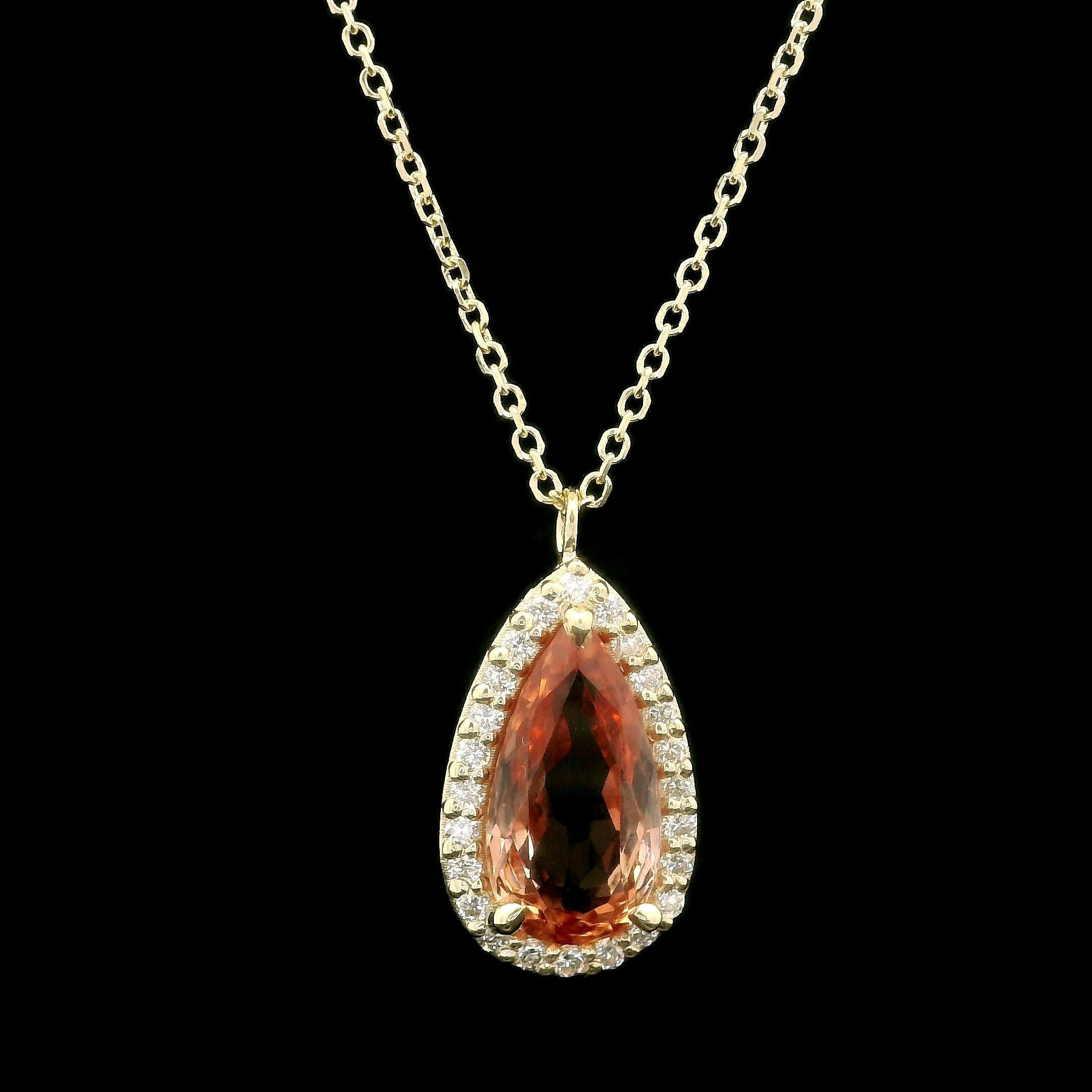 14k Gold GIA 1.9ctw Imperial Precious Orange Topaz Diamond Teardrop Pendant For Sale 4