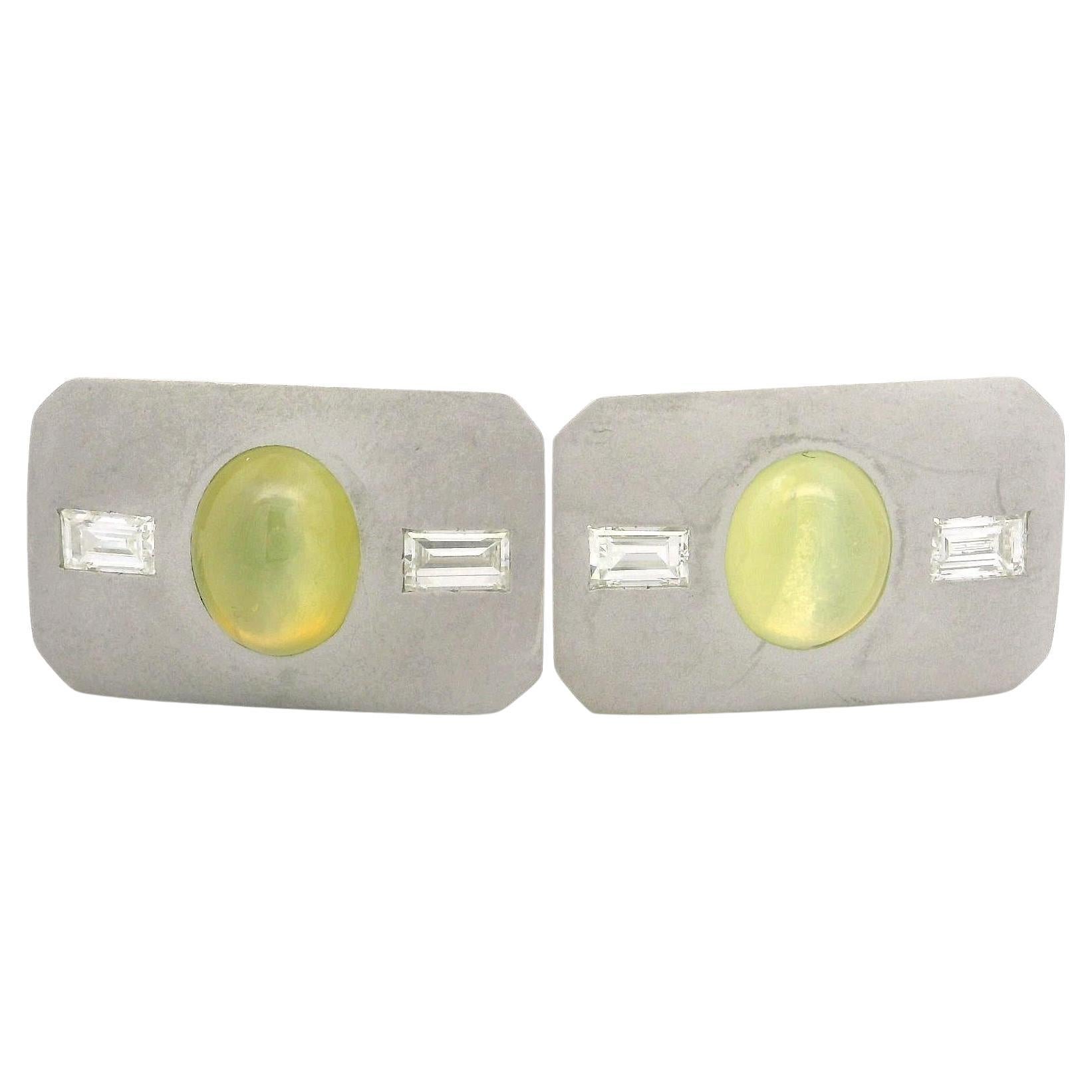 14k Gold GIA 5.50ctw Cat's Eye Chrysoberyl & Diamond Matte Rectangular Cufflinks
