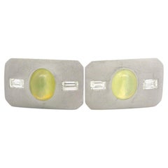 14k Gold GIA 5.50ctw Cat's Eye Chrysoberyl & Diamond Matte Rectangular Cufflinks