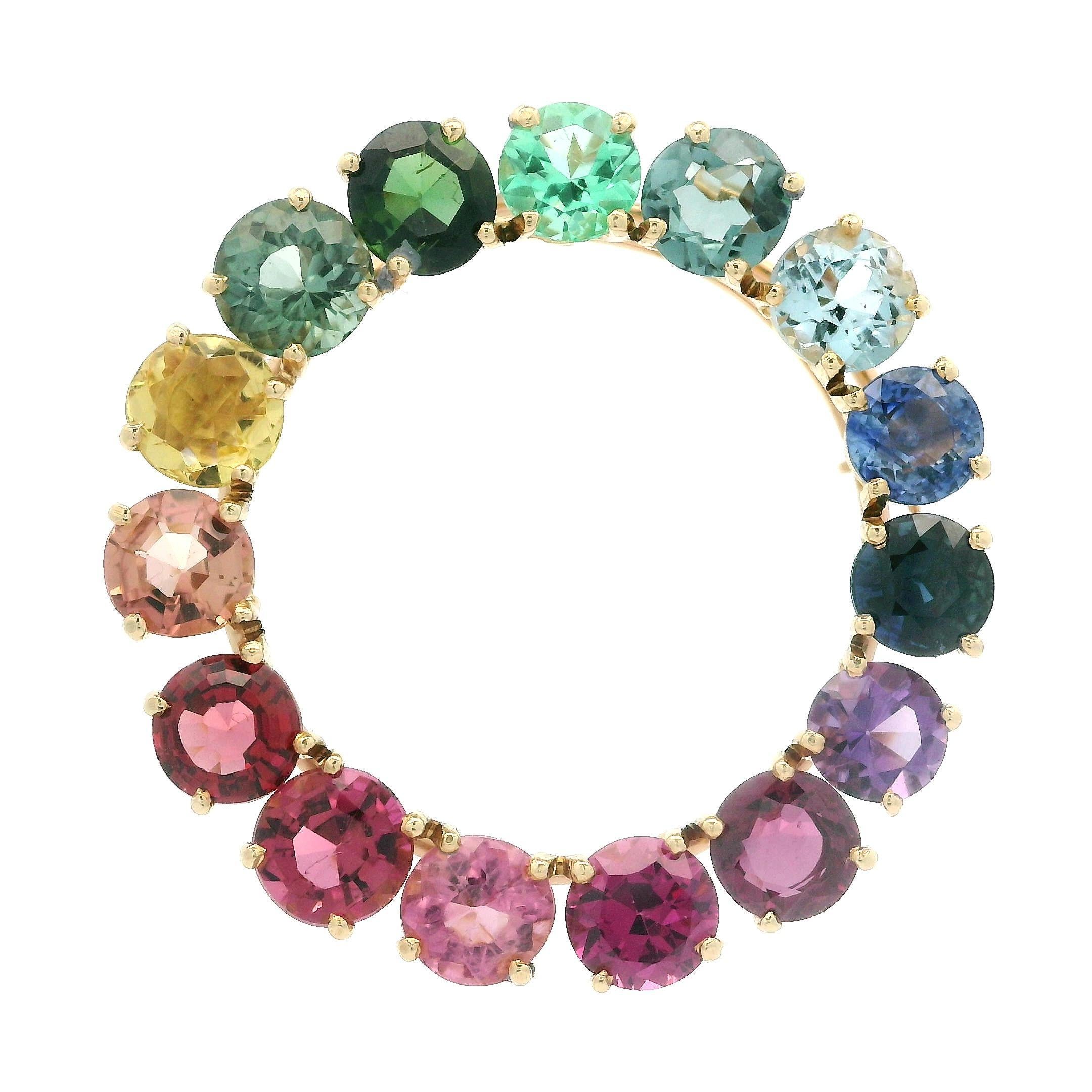 14k Gold GIA 7.5ctw Vivid Multicolor Gemstones Open Wreath Pin Brooch Pendant For Sale 1
