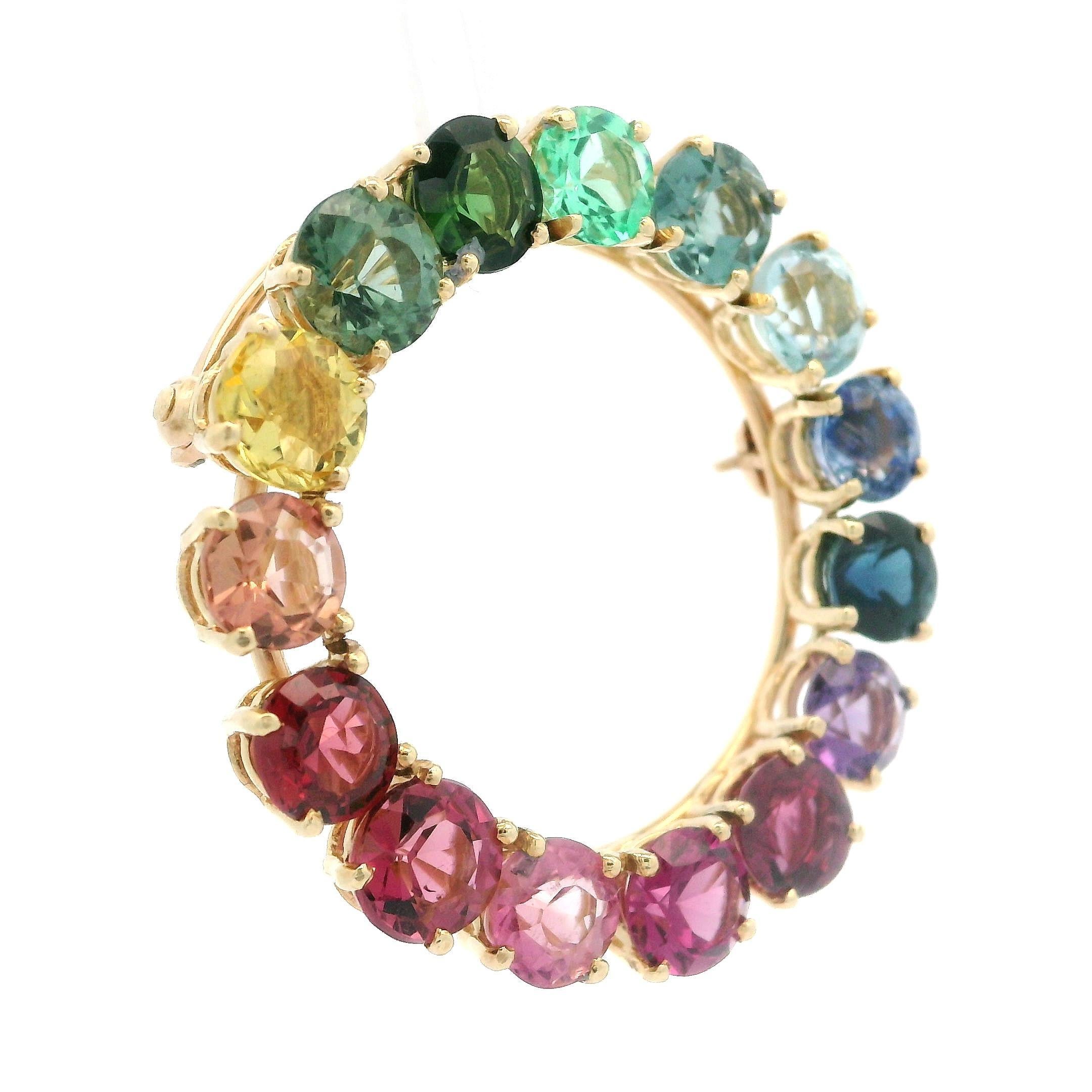 14k Gold GIA 7.5ctw Vivid Multicolor Gemstones Open Wreath Pin Brooch Pendant For Sale 2