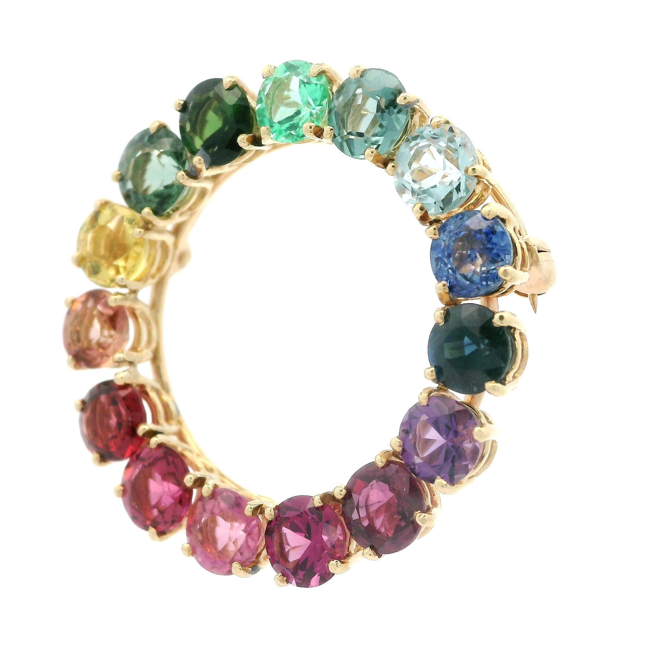 14k Gold GIA 7.5ctw Vivid Multicolor Gemstones Open Wreath Pin Brooch Pendant For Sale 3