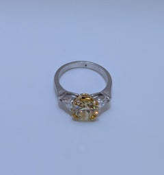 14K Gold GIA Cert. Round Cut Fancy Yellow Diamond with Pear Shape Side Stones