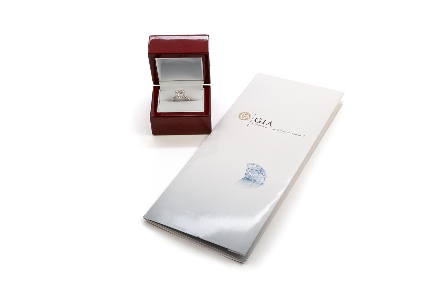 Women's 14 Karat Gold GIA Certified Cushion Cut Diamond Halo Ring 1.87 Carat F/VVS2