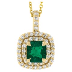 14k Gold GIA Colombian Emerald Dual Diamond Halo Cushion Shaped Pendant Necklace