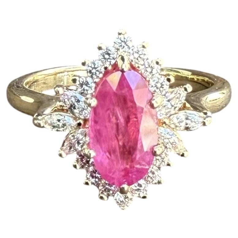 14k Gold GIA Elongated Oval Burma Ruby Marquise & Round Diamond Frame Ring For Sale