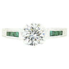 14k Gold GIA Round Diamond Solitaire W/ Emerald Hand Engraved Engagement Ring